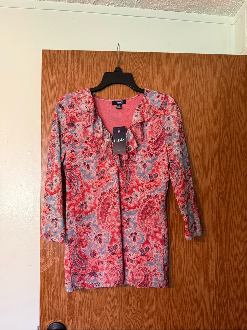 Chaps Coral Pink & Light Blue Paisley Knit Cardigan